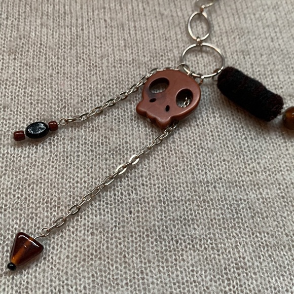 3x35$ 💀 CREATION - Skull short necklace ruban beads - brown black - Picture 4 of 9